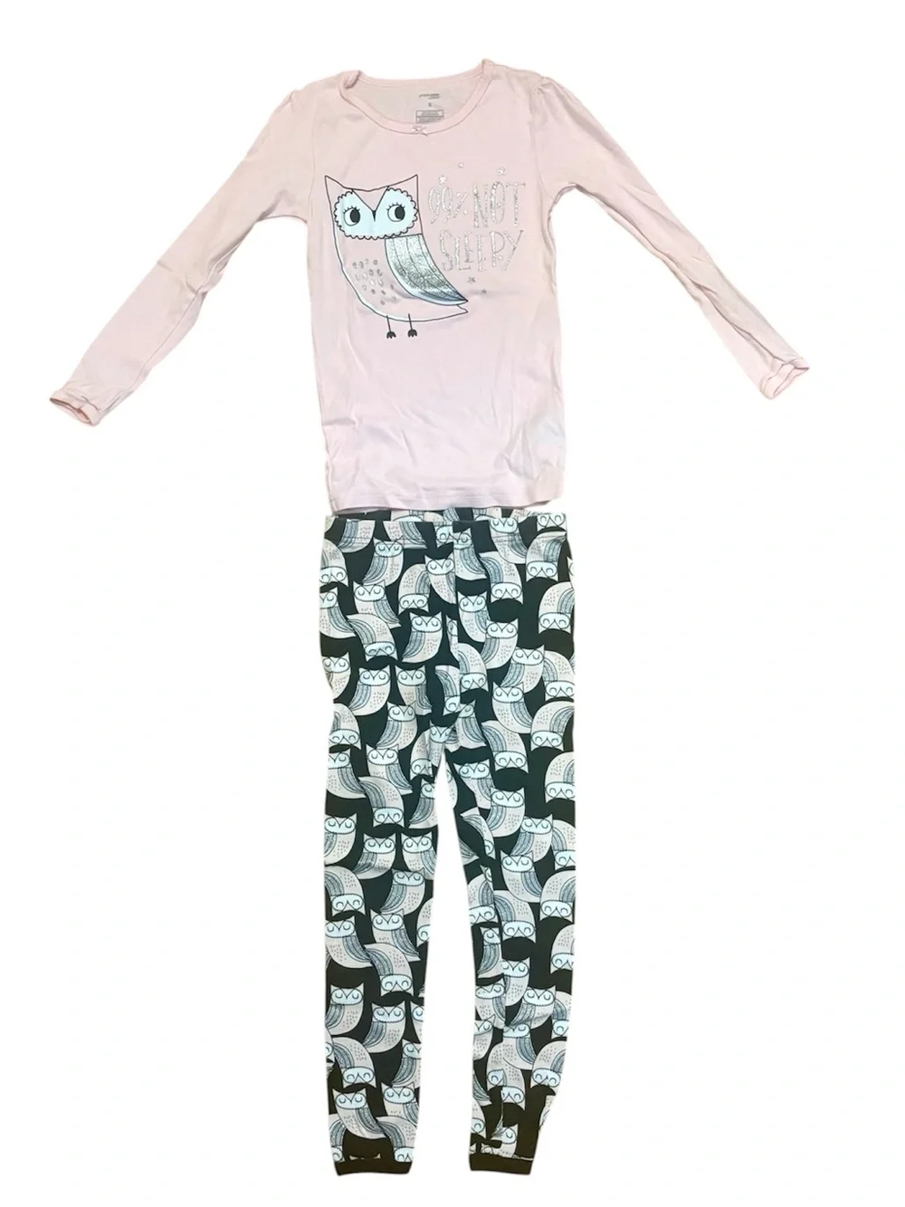 Simple Joys pale pink and black owl 99% not sleepy pajama set, size 8